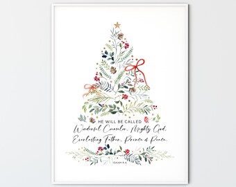 Isaiah 9:6 Christmas Christian Wall Art Printable Watercolor Trees Scripture Poster Bible Verse Print Christian Home Decor, Prince of Peace