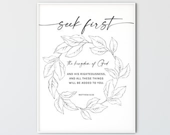 Matthew 6:33 Bibbia Versetto Parete Arte Stampabile Minimale Muro Cristiano Arte Minimalista Cristiana Home Decor Scrittura Poster Regali, Cerca prima