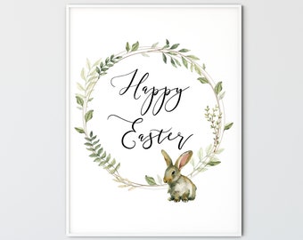 Happy Easter Printable Wall Art, Easter Art Print, Easter Watercolor Botanical Christian Wall Decor, Rabbit Spring Home Decor Stampabile