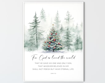 John 3:16 Print, Christmas Bible Verse Wall Art Watercolor Christmas Trees Mountain Scripture Home Decor Gift, For God so loved the world