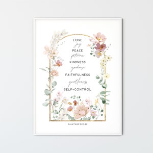 Galatians 5:22-23, Fruit of the Spirit Printable Wall Art Bible Verse Scripture Flower Gold Christian Print Home Decor Poster Gift