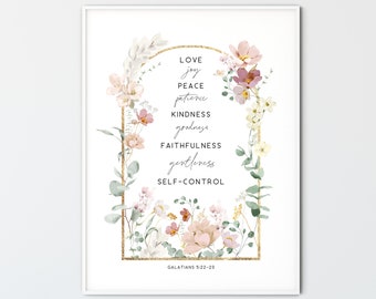 Galatians 5:22-23, Fruit of the Spirit Printable Wall Art Bible Verse Scripture Flower Gold Christian Print Home Decor Poster Gift