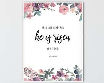 Matthew 28:6 KJV, Easter Bible Verse Wall Art Printable Easter Scripture Wall Art Christian Wall Decor Scripture Quote Print, He is Risen