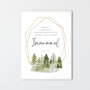Isaiah 7:14 Immanuel, Christmas Christian Wall Art Printable Watercolor Trees Scripture Poster Bible Verse Print Christian Home Decor