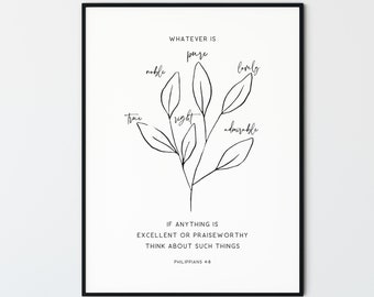 Philippians 4:8, Bible Verse Wall Art Modern Christian Decor Minimal Scripture Print Bible Quote Poster Printable Wall Art ,Whatever is True