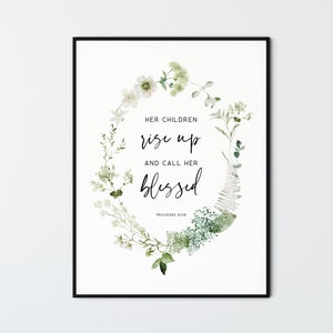 Sprichwörter 31:28, Muttertag Bibelvers Wandkunst christliches Geschenk Schrift Home Dekor Druck Karte, Ihre Kinder aufstehen und nennen sie gesegnet