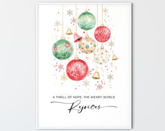 A Thrill Of Hope The Weary World Rejoices, Christmas Wall Art Watercolor Ornaments Christian Printable Wall Art Print Holiday Home Decor