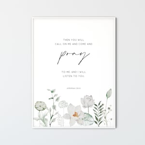 Jeremiah 29:12, Pray Bible Verse Wall Art Scripture Poster Farmhouse Watercolor Christian Printable Wall Art Decor Print Baptism Gift
