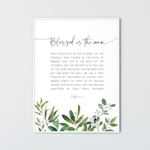 Psalm 1:1-3 Välsignad är mannen, Bibelversväggkonst, Modern kristen dekor, Skrifttryck Bibelcitatposter, Utskrivbar väggkonst