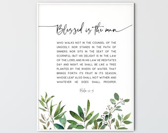 Salmo 1:1-3 Abençoado é o homem, arte de parede do versículo da Bíblia, decoração cristã moderna, impressão de escrituras, pôster de citação da Bíblia, arte de parede para impressão