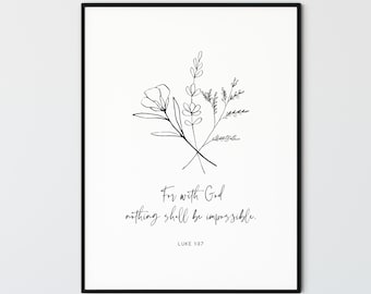 Lucas 1:37 KJV Porque con Dios nada será imposible, Verso bíblico Pared Arte moderno minimalista pared arte Escritura Home Decoración