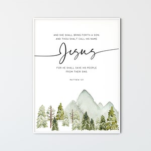 Matthew 1:21 Christmas Christian Wall Art Printable Watercolor Mountains Scripture Poster KJV Bible Verse Print Trees Home Decor