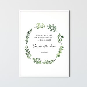 Proverbi 20:7 Festa del papà Bibbia Versetto Parete Arte Scrittura Stampa Acquerello Stampabile Parete Arte Cristiana Parete Decoro Battesimo Regalo Carta digitale