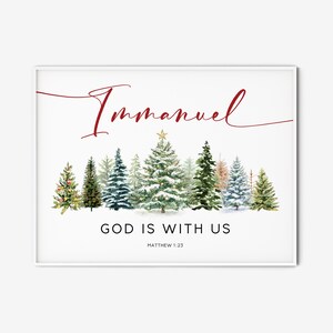 Immanuel God is with us Matthew 1:23 Christmas Print Watercolor Christmas Trees Wall Art Bible Verse Print Holiday Scripture Home Decor Gift