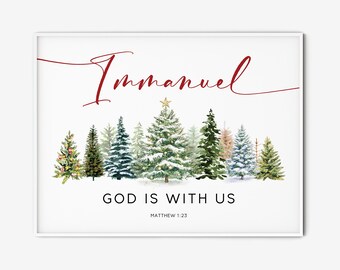 Immanuel God is with us Matthew 1:23 Christmas Print Watercolor Christmas Trees Wall Art Bible Verse Print Holiday Scripture Home Decor Gift