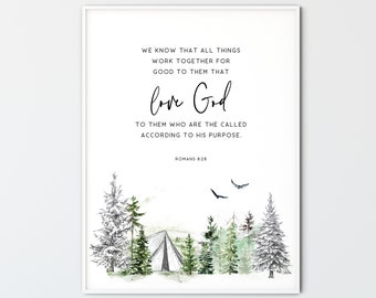 Romans 8:28 Bible Verse Wall Art Christian Printable Watercolor Line Forest Scripture Poster KJV  Print Home Decor, All Things Work Together
