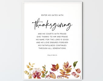 Psalm 100:4-5, Thanksgiving Bible Verse Fall Christian Wall Art Autumn Leaves Scripture Print Home Decor Poster, Enter His Gate