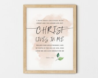 Verso bíblico arte de la pared, gálatas 2:20, arte de la pared cristiana, decoración cristiana minimalista, arte de la pared de las Escrituras, impresión del versículo de la Biblia, Cristo vive en mí