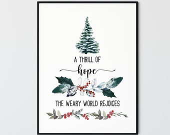 A thrill of hope the weary world rejoices, , Christmas Christian Wall Art  Print, Christmas Tree Digital Print Wall Decor