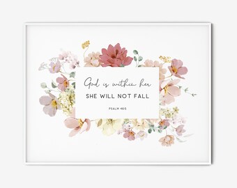 Psalm 46:5 Bible Verse Wall Art Horizontal Printable Watercolor Floral Christian Wall Decor Religious Gift For Woman Mother Scripture Print