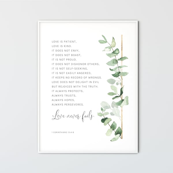 1 Corintios 13:4-8 Amor Biblia Versículo Pared Arte Escritura Impresión Christian Decor Regalo de boda, El amor es paciente El amor es amable Amor nunca falla