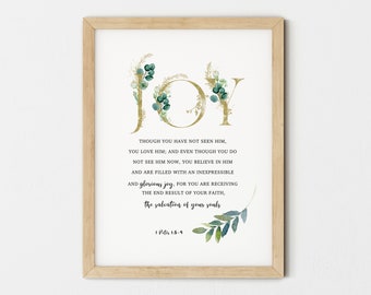 Bijbel Vers Muur Kunst, 1 Peter 1:8-9, Schrift Muur Kunst, Bijbel Vers Prenten voor modern christelijk home decor, Bijbel Vers citeert Geschenken
