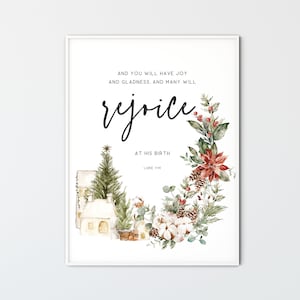 Luc 1:14 Écriture de Noël Art mural imprimable Bible Verset Imprimer Art mural chrétien Décoration de Noël Carte-cadeau, réjouissez-vous de sa naissance