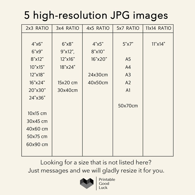 May include: A chart showing different aspect ratios for high-resolution JPG images. The chart lists the dimensions in inches and centimeters for various sizes, including 2x3, 3x4, 4x5, 5x7, and 11x14 ratios. The chart also includes standard paper sizes like A1, A2, A3, A4, and A5.