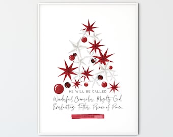 Isaiah 9:6 Christmas Bible Verse Decor Watercolor Christian Christmas Tree Prints Scripture Wall Art Printable, Wonderful Counselor