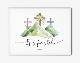 John 19:30 It Is Finished Sign, Horizontal Easter Printable Watercolor Scripture Poster Bible Verse Wall Art Christian Home Decor Gift Print