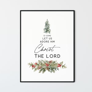 O Come Let Us Adore Him Christ the Lord, Christmas Wall Art Watercolor Winter Tree Christian Printable Wall Art Print Christmas Home Decor