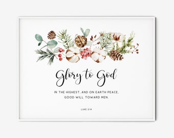 Luke 2:14 Christmas Christian Wall Art Printable Watercolor Scripture Poster Bible Verse Print Christian Home Decor, Glory to God