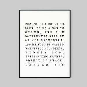 Isaiah 9:6, For to us a child is born, Christmas Printable Christmas Bible Verse Wall Art Christmas Decor Christmas Quote NIV Typewriter Art