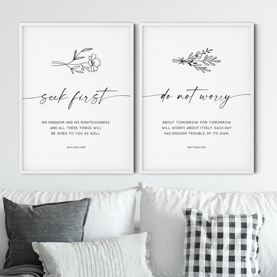 Matthew 6:33-34 Bible Verse Wall Art Set Of 2 Prints Scripture Printable Wall Art Christian Home Decor, Seek First His Kingdom, Do Not Worry