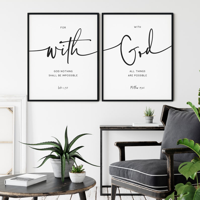 With God Bible Verse Wall Art Set of 2, Modern KJV Scripture Quote ...