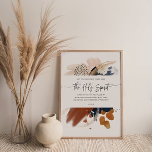 K&ouml;nnte beinhalten: Ein druckbares Wandbild-Design mit abstrakten Aquarellformen in den Farben Rosa, Orange, Braun und Blau. Das Design zeigt den Text "Aber ihr werdet Kraft empfangen, wenn der Heilige Geist auf euch kommt, und ihr werdet meine Zeugen sein in Jerusalem und in ganz Jud&auml;a und Samaria und bis an die Enden der Erde. Apostelgeschichte 18."