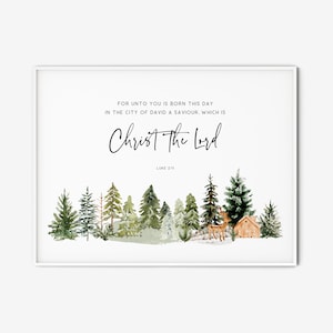 Luke 2:11 Christmas Christian Wall Art KJV Printable Watercolor Forest Trees Scripture Poster Bible Verse Print Christian Home Decor