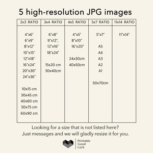 May include: A chart showing different aspect ratios for high-resolution JPG images. The chart lists the dimensions in inches and centimeters for various sizes, including 2x3, 3x4, 4x5, 5x7, and 11x14 ratios. The chart also includes standard paper sizes like A1, A2, A3, A4, and A5.