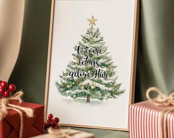 O Come Let Us Adore Him, Watercolor Trees Christmas Christian Printable Wall Art Home Decor Print Poster Gift Digital Download