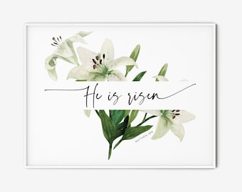 Matthew 28:6 He is Risen, Horizontal Easter Bible Verse Wall Art Printable Scripture Christian Wall Decor Scripture Quote Print Gift