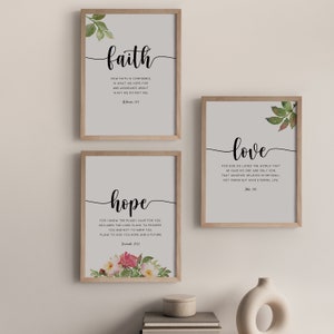 Faith Hope Love, Bible Verse Wall Art Set of 3 Prints, Scripture Quote ...