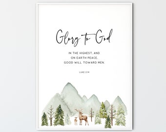 Luke 2:14, Christmas Christian Wall Art Printable Watercolor Mountains Scripture Poster KJV Bible Verse Print Trees Home Decor Gift