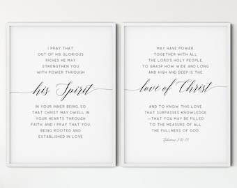 Ephesians 3:16-19 Bible Verse Wall Art Set of 2 Prints, Modern Minimalist Scripture Quote Printable Wall Art, Christian Art Decor Gift
