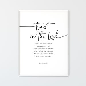 Proverbs 3:5-6 Bible Verse Wall Art Scripture Prints Modern Minimalist Christian Wall Art Printable Decor Gift Poster, Trust in the Lord
