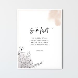 Mateo 6:33 Biblia Verso Arte de pared Escritura Imprimir Decoración cristiana moderna Línea de arte de pared Regalos de póster, busca primero el Reino de Dios