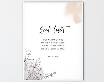 Matthew 6:33 Bible Verse Wall Art Scripture Print Modern Christian Home Decor Line Wall Art Poster Gifts, Seek First The Kingdom Of God