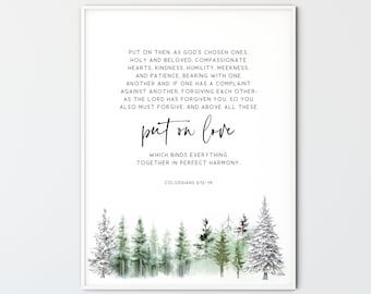 Colossians 3:12-14, Bible Verse Wall Art Printable Watercolor Mountains Scripture Poster Trees Print Christian Home Decor, Put On Love