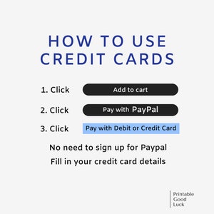 May include: A white and blue graphic with the text "HOW TO USE CREDIT CARDS" and three buttons: "Add to cart", "Pay with PayPal", and "Pay with Debit or Credit Card". The text below the buttons reads "No need to sign up for Paypal" and "Fill in your credit card details".