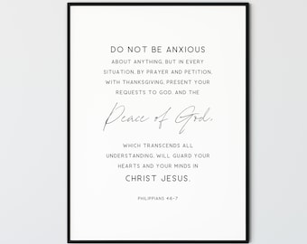 Filipenses 4:6-7 No estar ansioso, verso bíblico arte de la pared imprimible moderno minimalista pared arte Escritura pared arte impresión decoración de la decoración