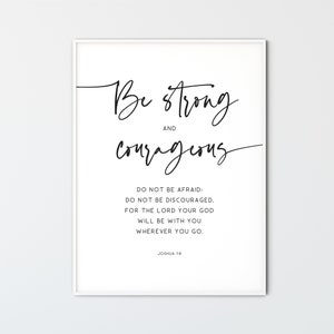 Wees sterk en moedig, Joshua 1:9 kinderkamer kinderen bijbel vers schrift muur kunst christelijke baby kamer teken minimalistische muur decor print cadeau